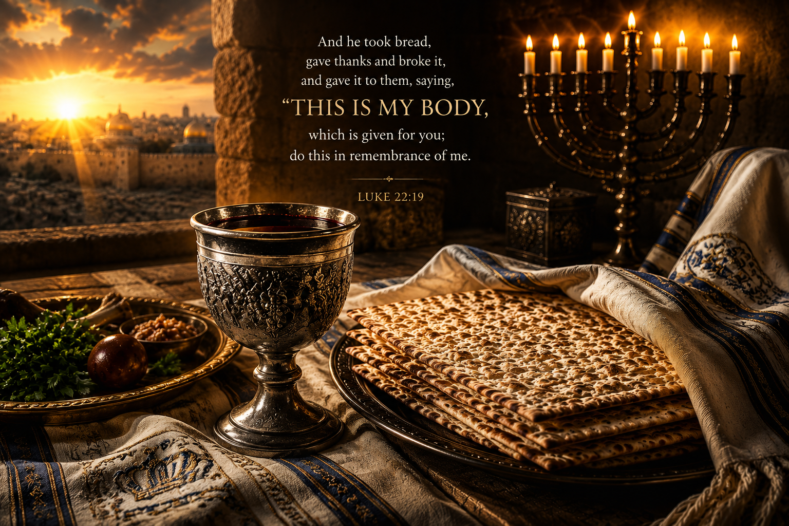 Coming to the Table Communion scene with bread, cup, menorah and Scripture