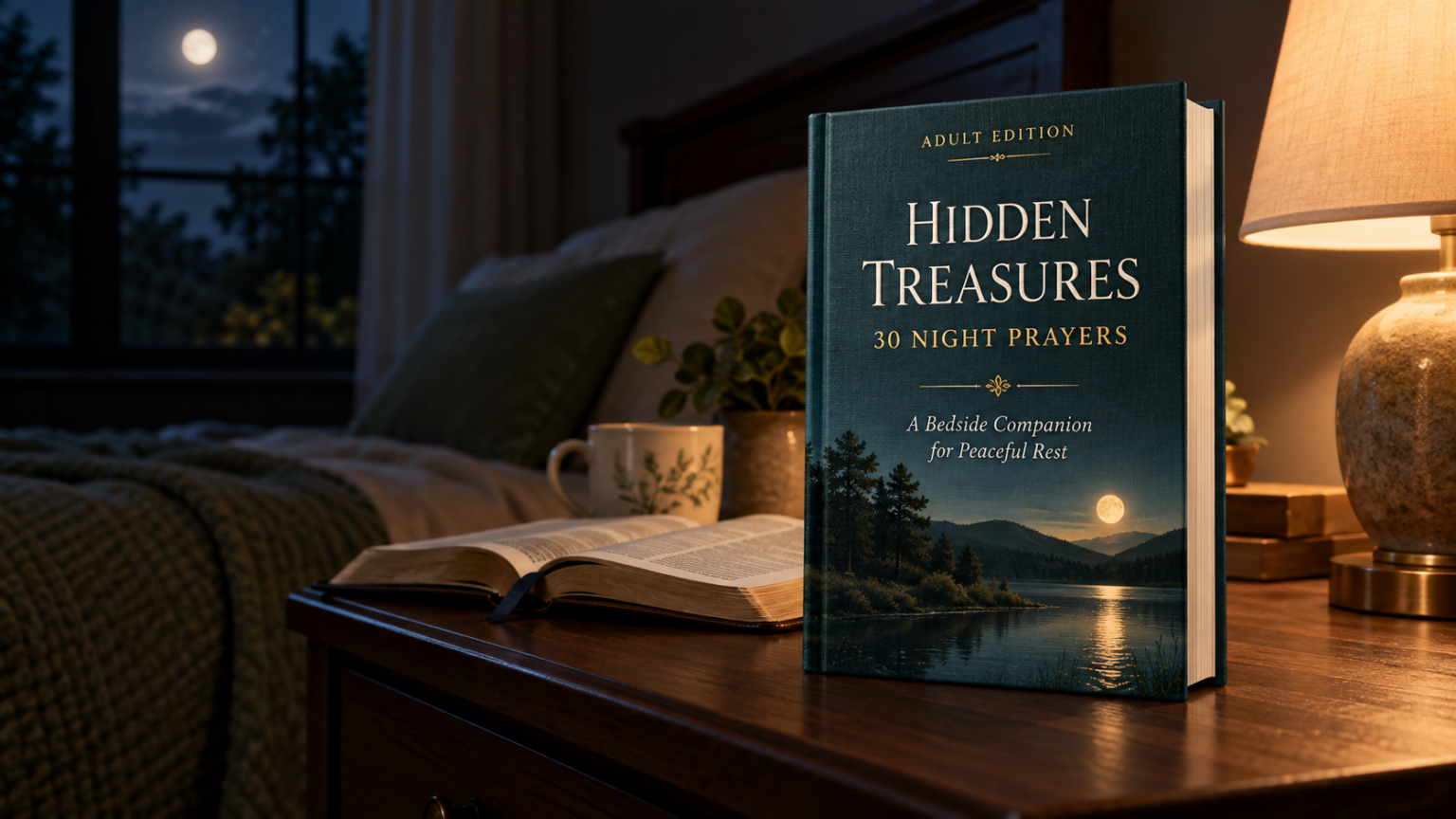 Hidden Treasures 30 Night Prayers book beside an open Bible and a bedside lamp